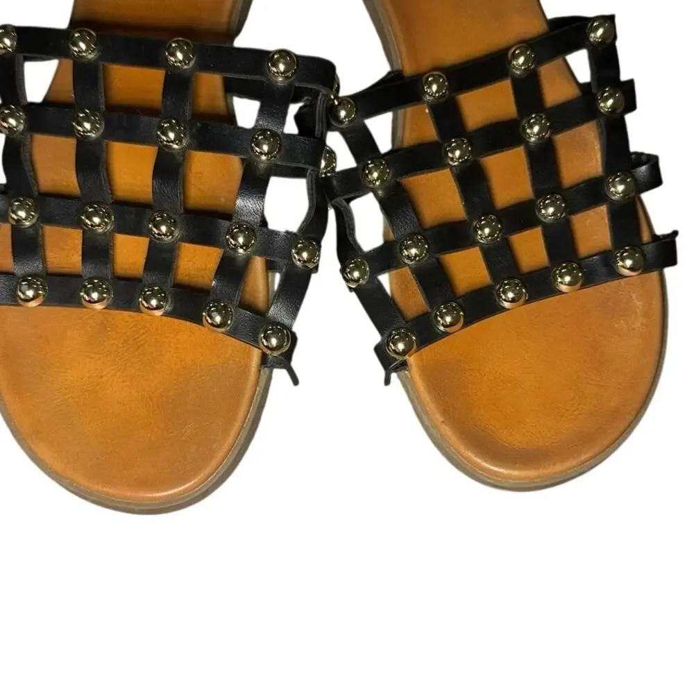 Steve Madden Studded Gladiator Cage Sandals Black Gold Y2K Women’s 8